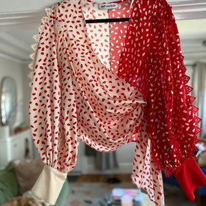 Self-portrait Guipure Lace-trimmed Printed Satin Wrap Top In Red and Cream